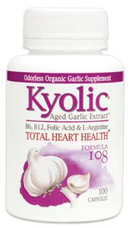 Kyolic Formula 108 contains Aged Garlic Extract with Vitamins B6, B12, Folic Acid and L-Arginine patented to promote healthy homocysteine, and supports cholesterol, blood pressure and circulation for total heart health..