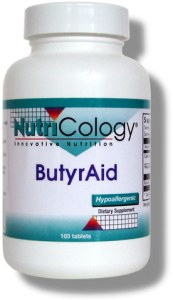 A source of butyric acid from the salts of calcium and magnesium, in an enterically-coated tablet designed to release in the small intestine..