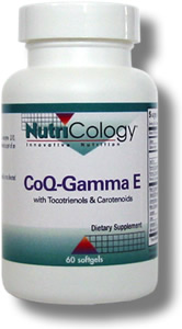 A unique softgel formulation containing high levels of CoQ10, carotenoids, gamma-tocopherol, and DeltaGold tocotrienols. Developed by Martin Pall, Ph.D. and NutriCology. CoQ-Gamma E is part of an antioxidant supplementation protocol..