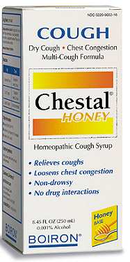 Boiron Chestal Honey Syrup helps to relieve cough and sooth a sore throat. It is pasteurized and is safe for ages over two..