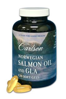 Carlson Salmon Oil is extracted from salmon found in the deep, unpolluted waters of Norway and is naturally rich in the important Omega-3's EPA and DHA. The GLA contained in this product is derived from black currant seed oil and is an important Omega-6 component. The EPA and DHA in Salmon Oil plus the GLA work as a team to promote a healthy balance of prostaglandin types in the human body..