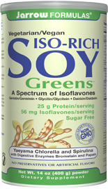 Yaeyama Chlorella and Spirulina with Digestive Enzymes Bromelain and Papain.  Iso-Rich Soy Greens combines soy protein isolate, super green foods, and digestive enzymes to create a nutritious and easily digested drink..