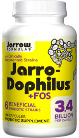 Jarro-Dophilus + FOS survives stomach acid and colonizes the intestines.* FOS is a natural fiber that enhances the growth of beneficial probiotic bacteria.* Each capsule contains 3.4 billion total probiotic bacteria..