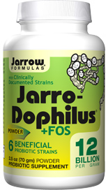 Jarro-Dophilus + FOS survives stomach acid and colonizes the intestines.* FOS is a natural fiber that enhances the growth of beneficial probiotic bacteria.* Each gram (approximately 1/4 teaspoon) contains 12 billion total probiotic bacteria..