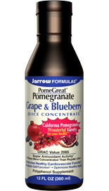 Pomegranate has long been recognized as a fruit with many benefits to health due to its high antioxidant activity from polyphenols including ellagic acid, gallic acid, anthocyanins and tannins (especially, punicalagin).*? Grape is also a rich source of polyphenols. Blueberry is another antioxidant-rich, i.e. anti-aging fruit.*.