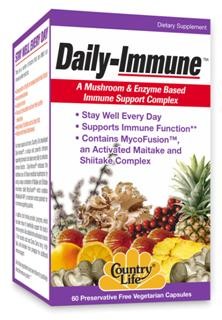 Daily-Immune, a unique and powerful immune supporting formula to be taken every day to enhance immune function. Daily-Immune embraces the traditional use of of medicinal mushrooms by using a unique combination of Maitake and Shiitake mushrooms called MycoFusion which contains MaitakeGold 404, a mushroom root extract that has been patented for its immune supporting qualities.
In addition, this formula provides Lysozyme, which has been shown to beneficially support the body's immune system. Also added is the antioxidant vitamin C from ascorbic acid and Camu Camu berry, Holy Basil, and bromelain from pineapple for additional immune support..