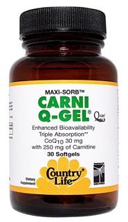 Country Life's Carni Q-Gel is hydrosoluble and employs the patented BioSolv delivery system U.S. Patent No. 6,056,971 under an exclusive agreement with Biosytes, USA Inc. This delivery system enhances absorption 300% over that found with CoQ10 tablets, hard shell capsules or other softgels tested. Supports the conversion of fat into energy. Supports normal cardiovascular function..