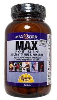 Max For Men Multiple Vitamin, Iron Free (120 tablet) Country Life