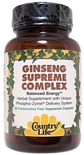 Country Life's Ginseng Supreme Complex has been produced using its own patent pending Phospho-Zyme Delivery System. This system releases the phosphatides from their fatty matrix and acts as a neutral emulsifier to assist in the utilization of the essential volatile herbal components. Contains all active plant components in their natural balance..