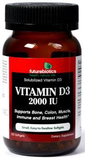 Futurebiotics Vitamin D3 2000 IU is a small, easy-to-swallow softgel that is a great way to help replenish the body's vitamin D status. Furthermore, research as shown that vitamin D supports bone, colon, muscle, immune and breast health..