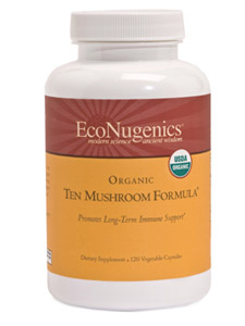 Organic 10-Mushroom Formula is a blend of ten potent medicinal mushrooms, grown on a substrate of organic brown rice. This particular blend promotes long-term immune support, and promotes Natural Killer cell function..