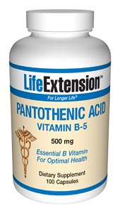 Pantothenic Acid (Vitamin B5) 500 mg- Pantothenic acid plays a role in the synthesis of hemoglobin, steroid hormones, neurotransmitters, and lipids. It is the most important component of coenzyme-A, which assists in several metabolic.