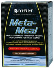MRM's meal replacement, Meta-Meal is convenient and nutritious. 20 individually wrapped pouches are easy to travel with. Chocolate flavored.