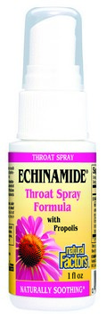 Echinamide products are created, only by Natural Factors. This spray contains Echinamide echinacea extract and antibacterial propolis and other herbs to soothe the throat and freshen breath. Helps to calm a ticklish, scratchy throat and improve breath..