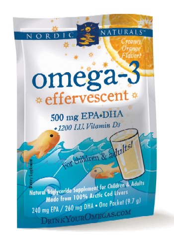 Nordic Naturals Omega-3 Effervescent is water-soluble fruity orange taste drink mix rich in the omega-3s EPA and DHA, and 1200 I.U Vitamin D3..