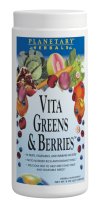 Planetary Herbals Vita Greens and Berries is a broad-spectrum superfood blend that harnesses the rich nutritional benefits of exotic fruits, cereal grasses, sea vegetables (micro-algae), mushroom myconutrients, herbs, vegetables, and high potency antioxidant extracts. Sourced from around the world, this great-tasting berry-flavored blend is an easy way to help meet the USDA recommended daily intake of fruits and vegetables. Convenient yet comprehensive, Vita Greens and Berries was specifically formulated to provide complete nutritional support and even includes several effective strains of healthy probiotics that naturally assist the body's digestive system and optimize nutrient absorption. The blend has been formulated for specific benefits: antioxidant defense, immune health, healthy liver function, and relief of occasional stress. One serving of Planetary Herbals Vita Greens and Berries provides 125% of the Daily Values of vitamin C in a naturally occurring form, and over 3300 ORAC units..