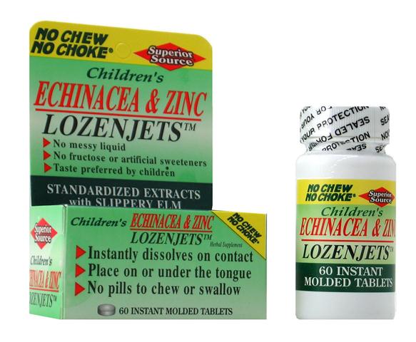 Pleasant tasting Children's Echinacea & Zinc Lozenjets contains standardized herbal extracts including Slippery Elm Bark. No Fructose or artificial sweetners..