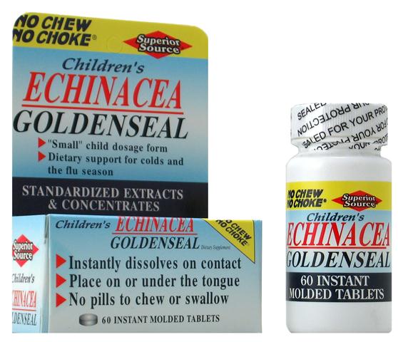 Small child dosage formula, Echinacea and Goldenseal, dietary support for seasonal colds & flu. Standardized extracts and concentrates in a NO CHEW NO CHOKE instant dissolve micro tablet..