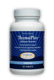 Ultra potent immune supporting antioxidants, Tymuplec contains proprietary thymus polypeptide fractions/glandular complex (thymus polypeptide fractions, spleen extract, thumus extract, lymphatic extract, bone marrow extract, bromelain, trypsin, papain, and pituitary extract), plus vitamins, minerals, and botanicals.