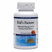 Kids Factors is an essential fatty acid blend that provides a balanced ratio of omega 3, 6, and 9 in a delicious, peach-flavored chewable softgel..