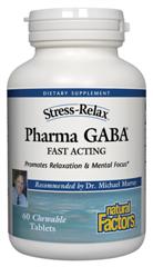 Natural Factors' fast acting PharmaGABA chewable tablets promote relaxation and mental focus..