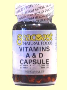Seacoast Natural Foods Vitamin A & D contains 10,000 iu vitamin A and 400 iu vitamin D from fish oil.