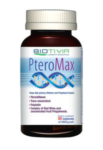 Biotivia PteroMax formula contains polydatin plus a blend of pterostilbene, resveratrol, concentrated fruit polyphenols, and OPC oligometric proanthocyanadins from Green tea..