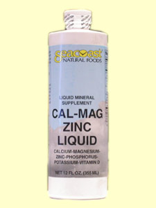 Seacoast Natural Foods Cal-Mag Zinc Liquid (12oz) contains Calcium, Magnesium and Zinc. It helps improve bone, teeth and the cardiovascula system..