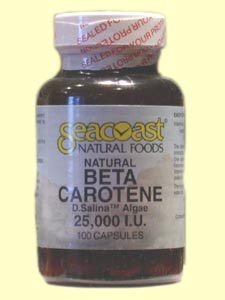 Seacoast Natural Foods Beta Carotene, Natural 25,000 IU contains 15 mg of D. salina algae providing 25,000 iu of natural pro-vitamin A activity..