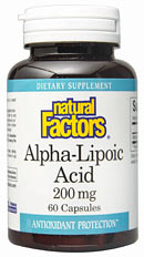 Natural Factors Alpha-Lipoic Acid is a valuable antioxidant that helps protect the body against damaging free-radicals. Unlike other antioxidants, Alpha-Lipoic Acid is both water and fat soluble, enabling it to quench free-radicals both inside the cells and outside in intracellular spaces. Alpha-Lipoic Acid also extends the life of other antioxidants, recharging them so that they can continue to protect the body..
