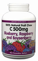Natural Factors C 500 Fruit Chews is 100% natural way to get your Vitamin C. It comes in 3 delicious berry flavors: blueberry, boysenberry, and raspberry..