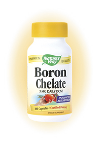 Nature's Way Boron Chelate 3mg helps to prevent the loss of calcium, phosphorus and magnesium through the urine. It also helps maintain proper blood levels of estradiol which is a precursor of estrogen..